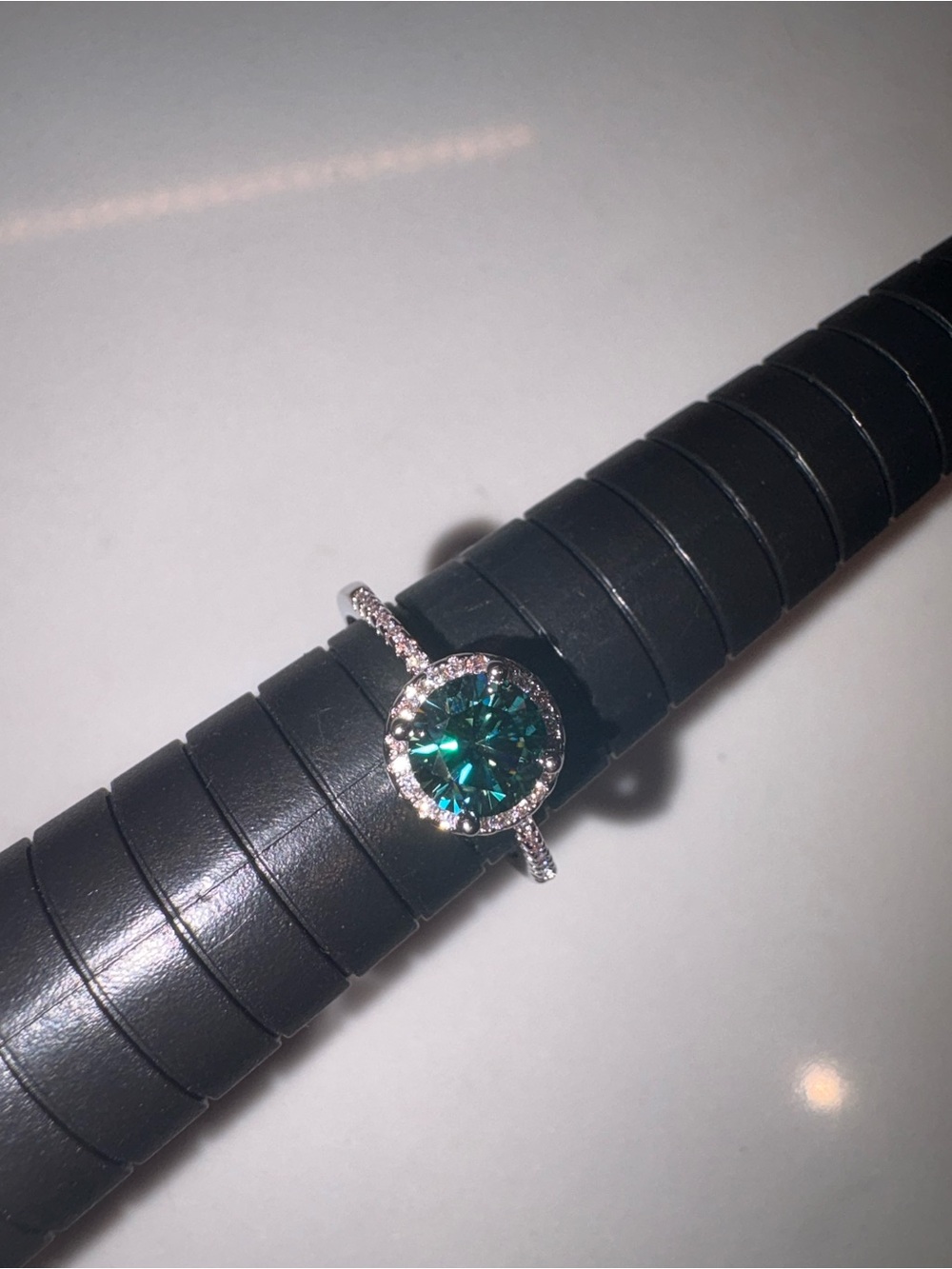 Emerald Green Halo Ring with Pavé Silver Band